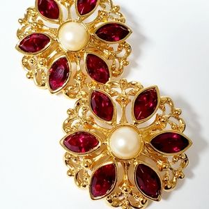 Vintage AVON Clip on Earrings Pearl Ruby Rhineston